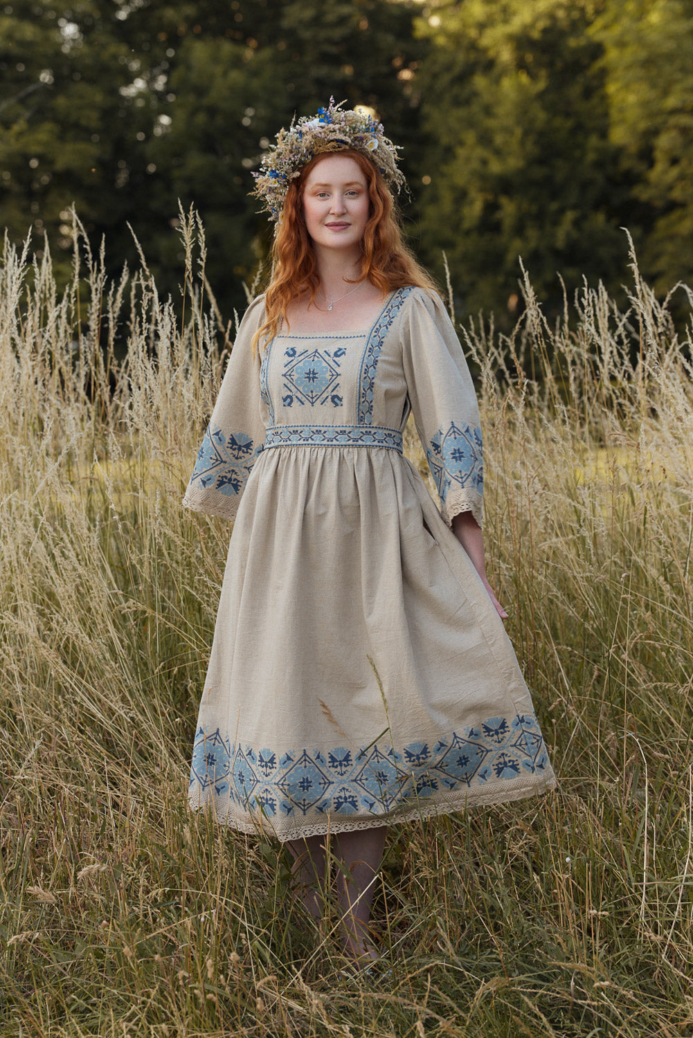 white linen dress with blue embroidery White linen dress with blue embroidery Ozima My Sleeping Gypsy