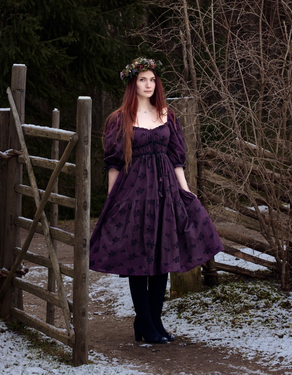 purple eyelet dress Ebely eyelet fabric dress 3/4 sleeves plum