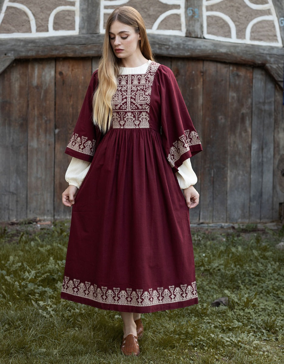 Meredith burgundy dress with cream embroideries