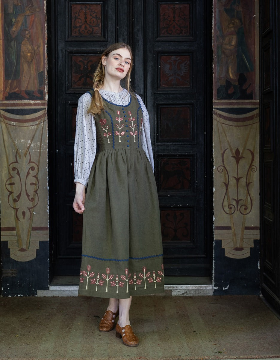 Robe 'Tilda' en lin vert mousse brod tulipes rouille moss / XS Robe 'Tilda' en lin vert mousse brod tulipes rouille moss / XS