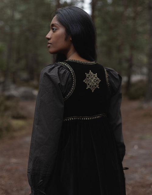 "Nelda" embroidered black velvet over dress