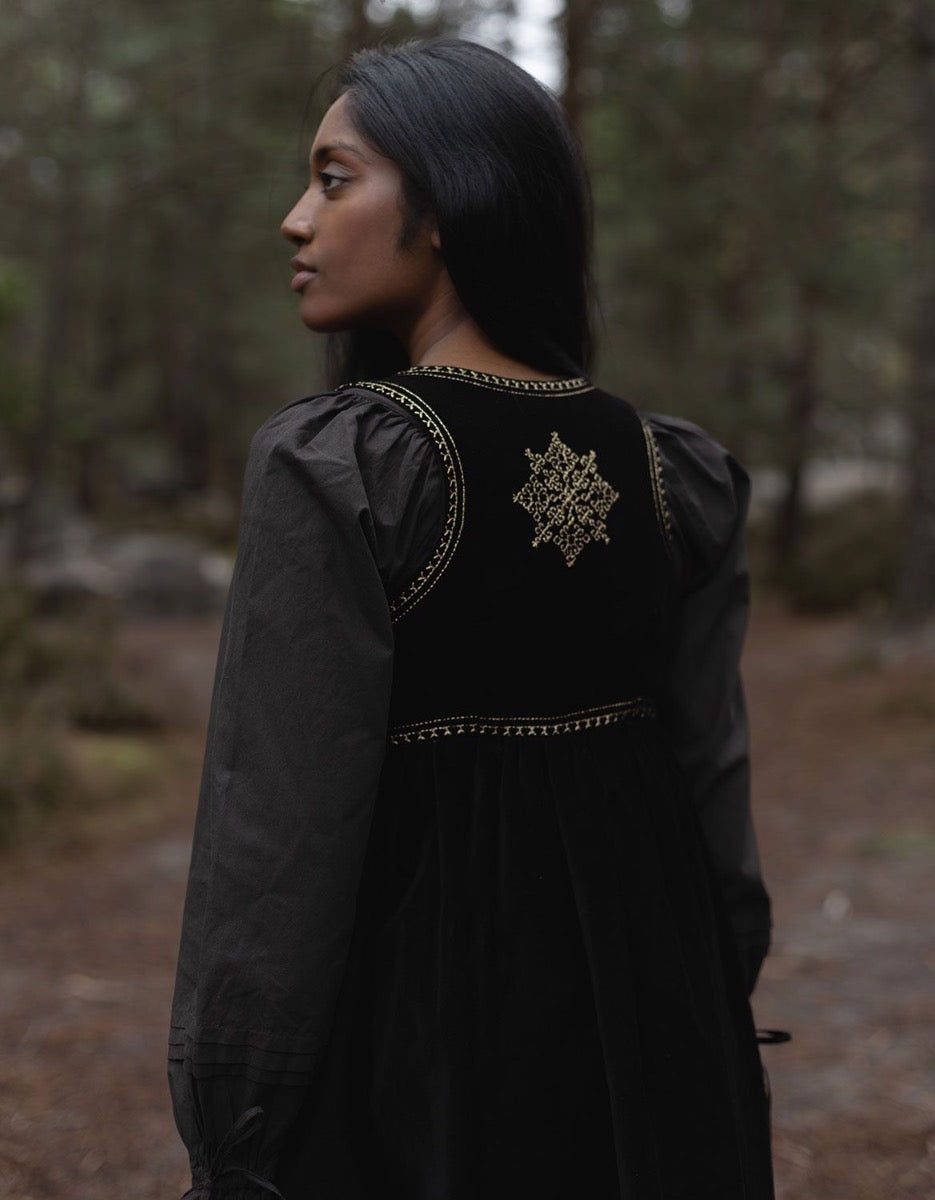 "Nelda" embroidered black velvet over dress