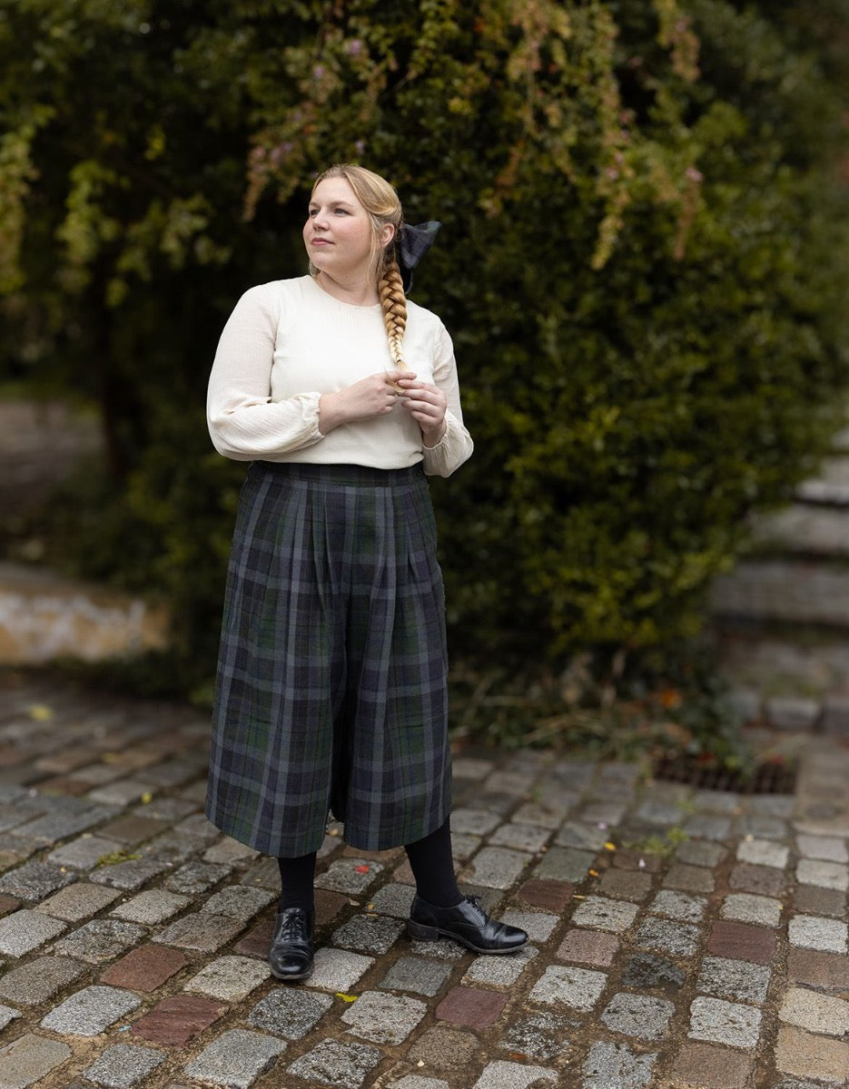 Pantalon 'Vera' en lin écossais vert