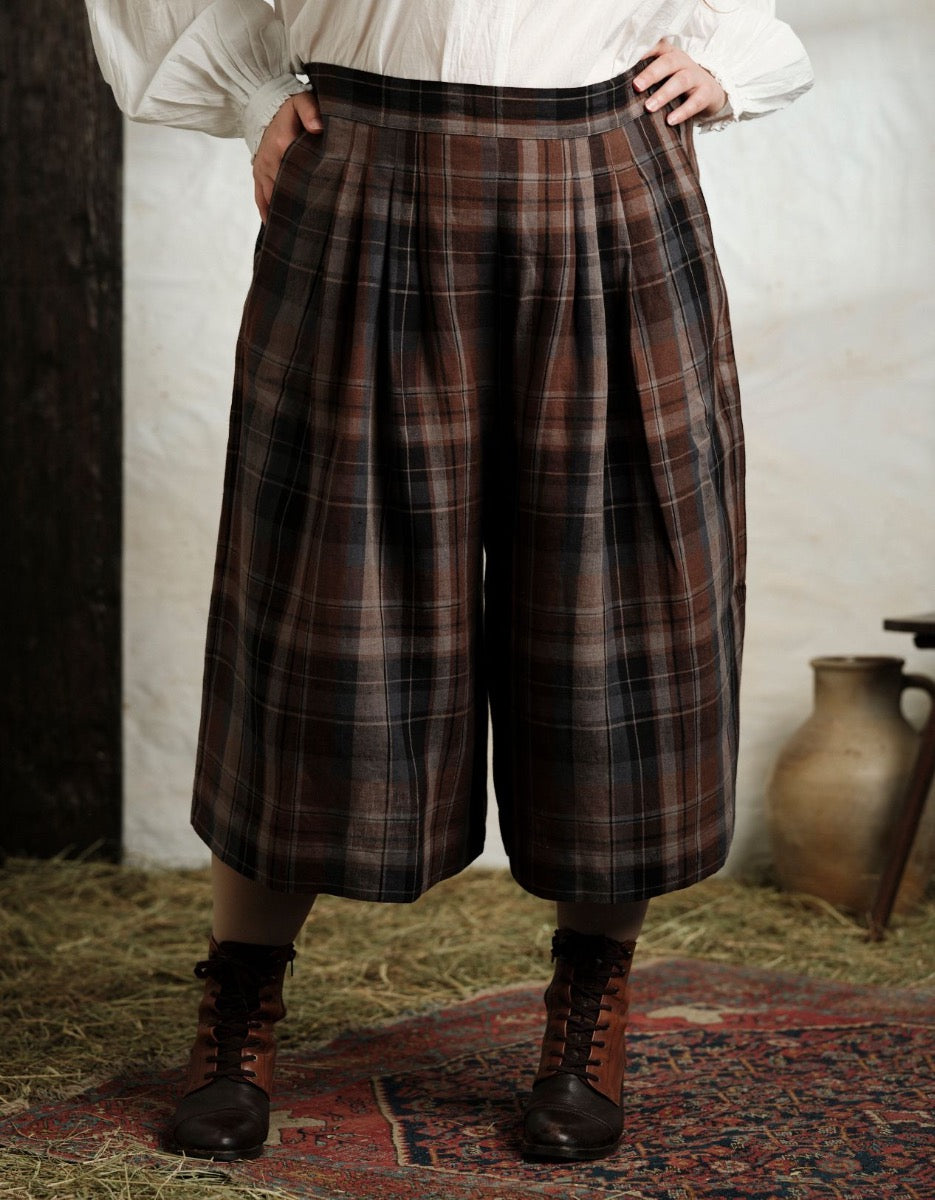 Pantalon 'Vera' en lin écossais marron