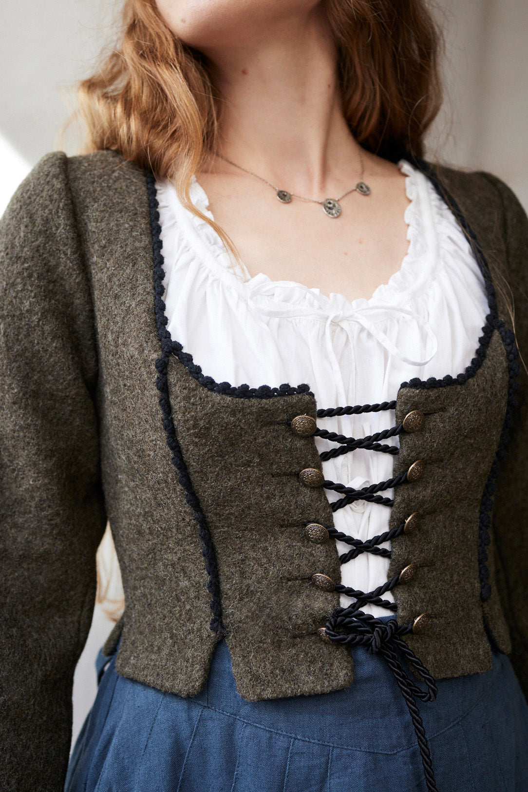 "Aneta" corset jacket in moss green wool