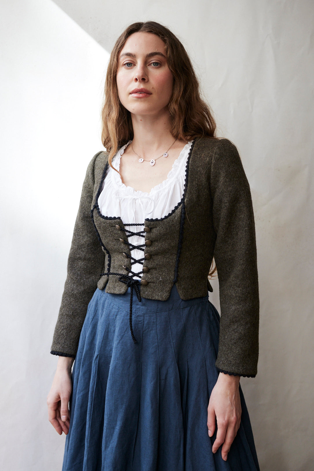"Aneta" corset jacket in moss green wool