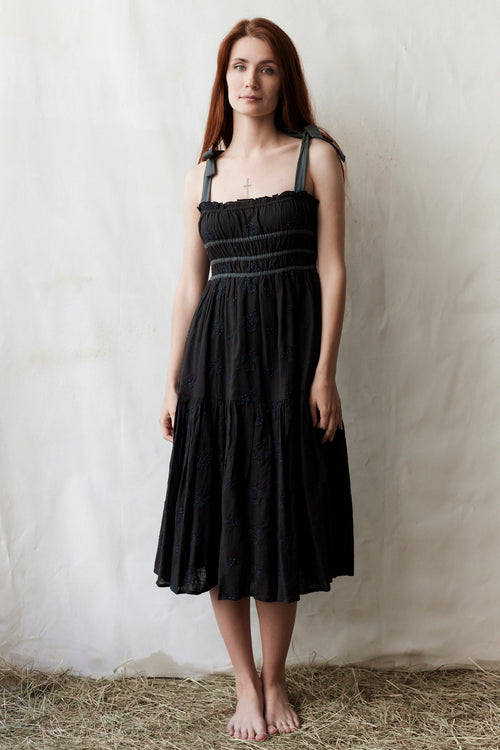 "Emily" eyelet fabric dress shoulder ribbons black