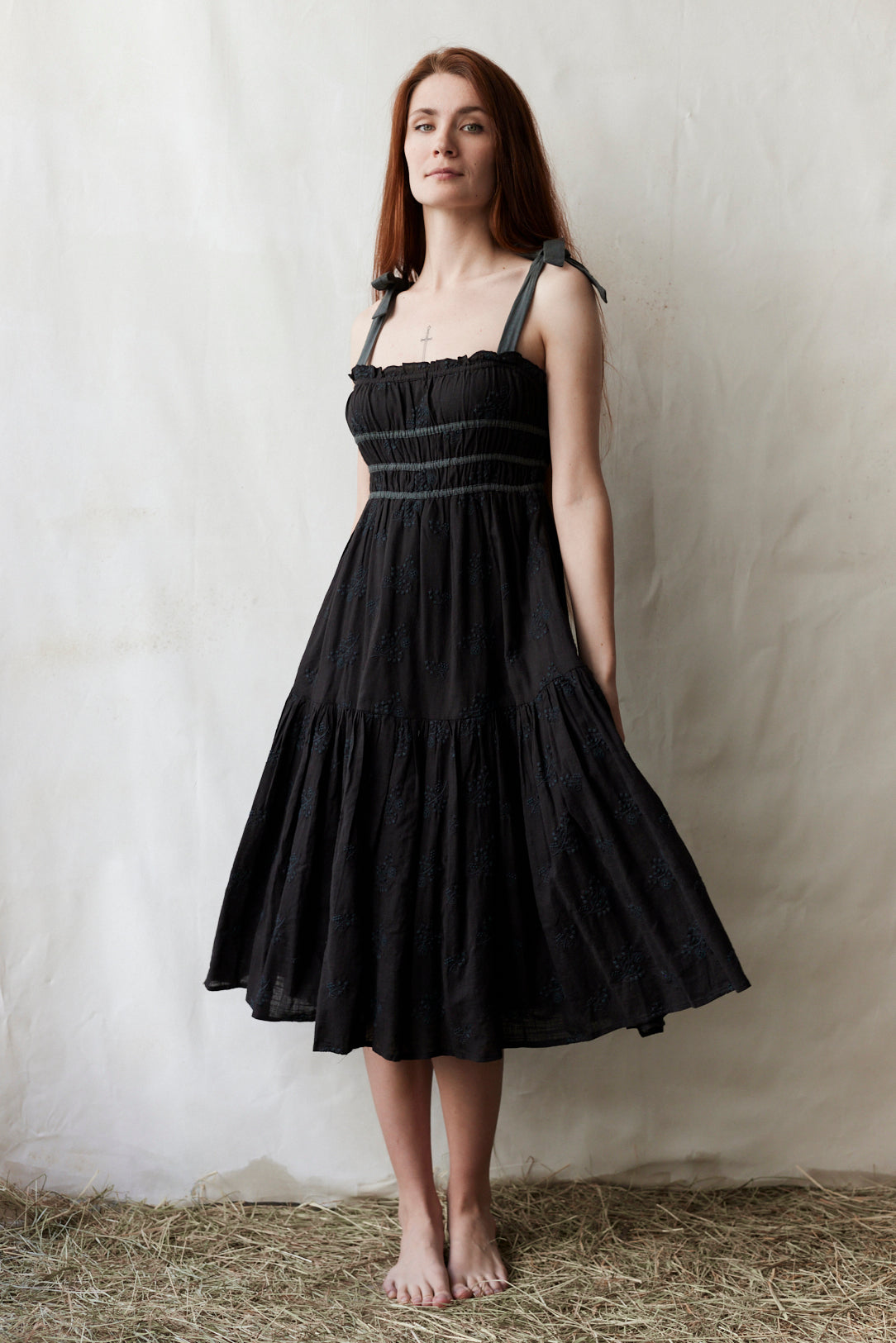 "Emily" eyelet fabric dress shoulder ribbons black