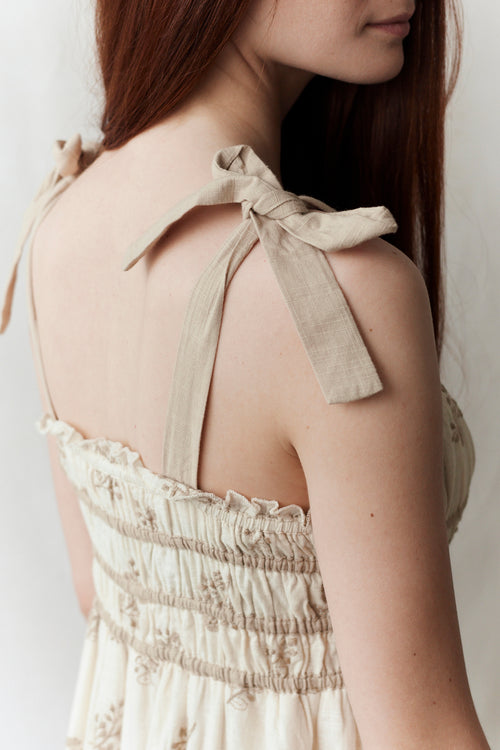 "Emily" eyelet fabric dress shoulder ribbons cream