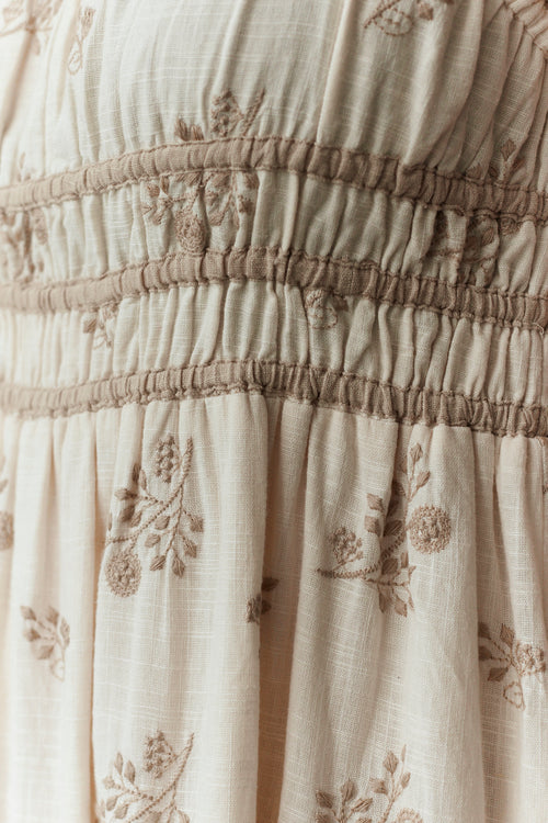 "Emily" eyelet fabric dress shoulder ribbons cream