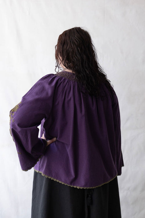 Plus size Woman wearing a purple blouse with embroidery against a white background