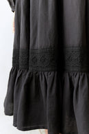 Black dress with lace detailing on a white background
