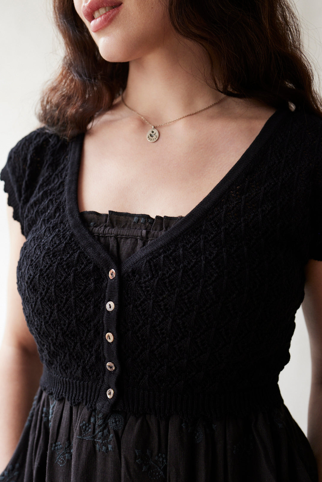 "Mona" cropped lace cardigan in black cotton