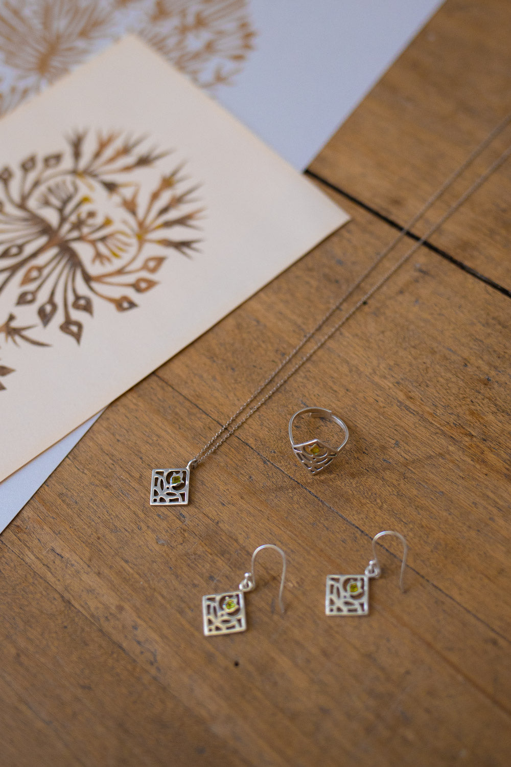 Silver jewelry set featuring a necklace with a square filigree pendant, a matching ring, and drop earrings, displayed on a wooden surface next to a decorative card.