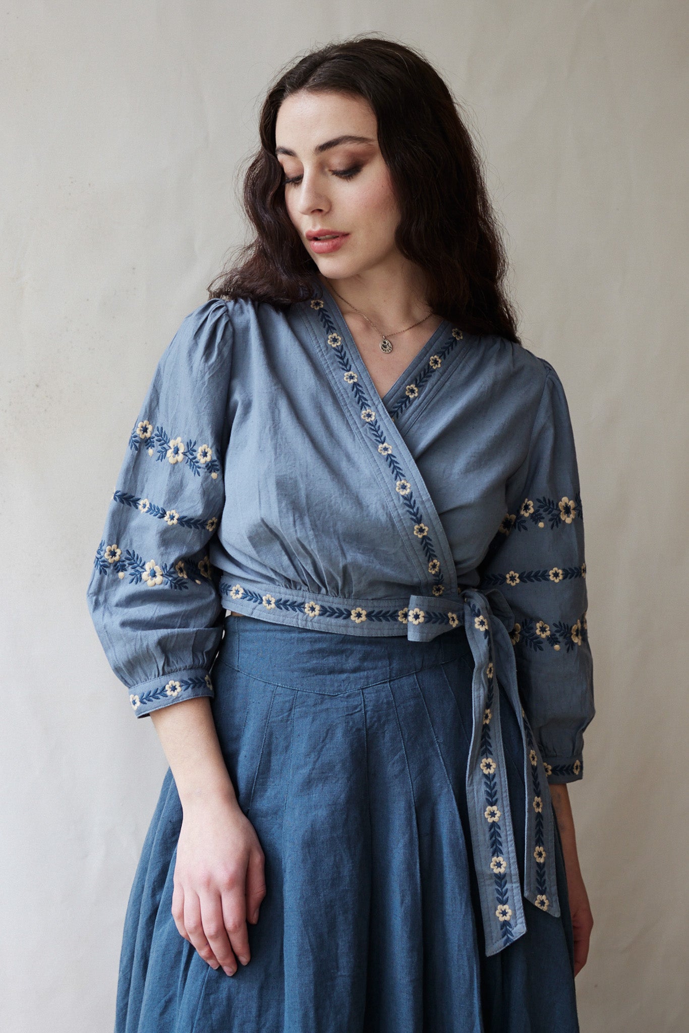 "Tabea" embroidered crossover top lagoon