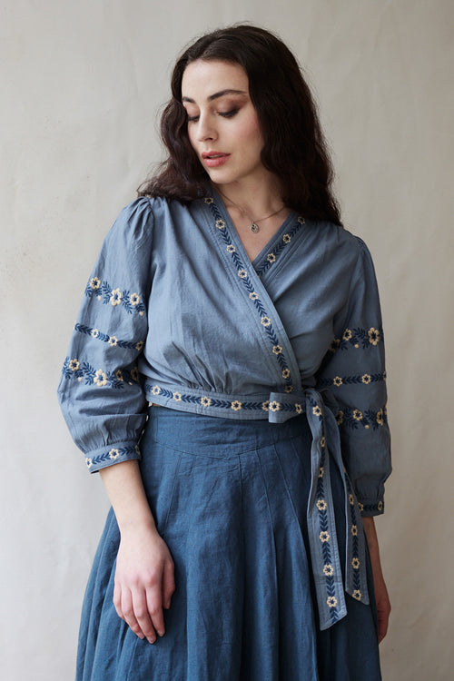 "Tabea" embroidered crossover top lagoon