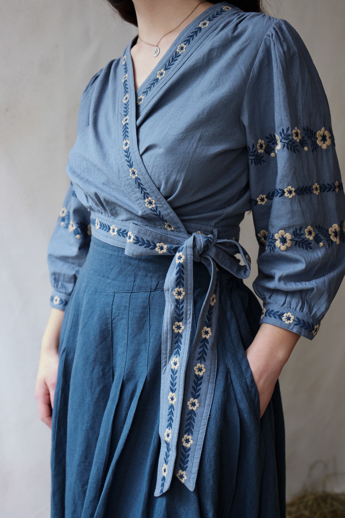 "Tabea" embroidered crossover top lagoon