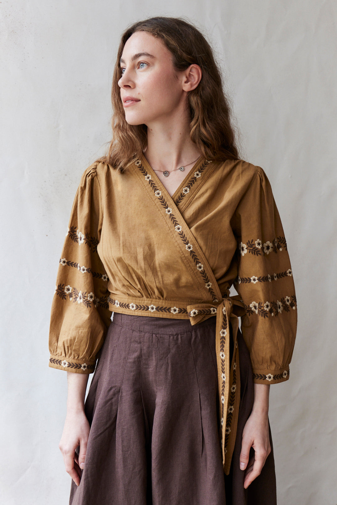 "Tabea" embroidered crossover top caramel