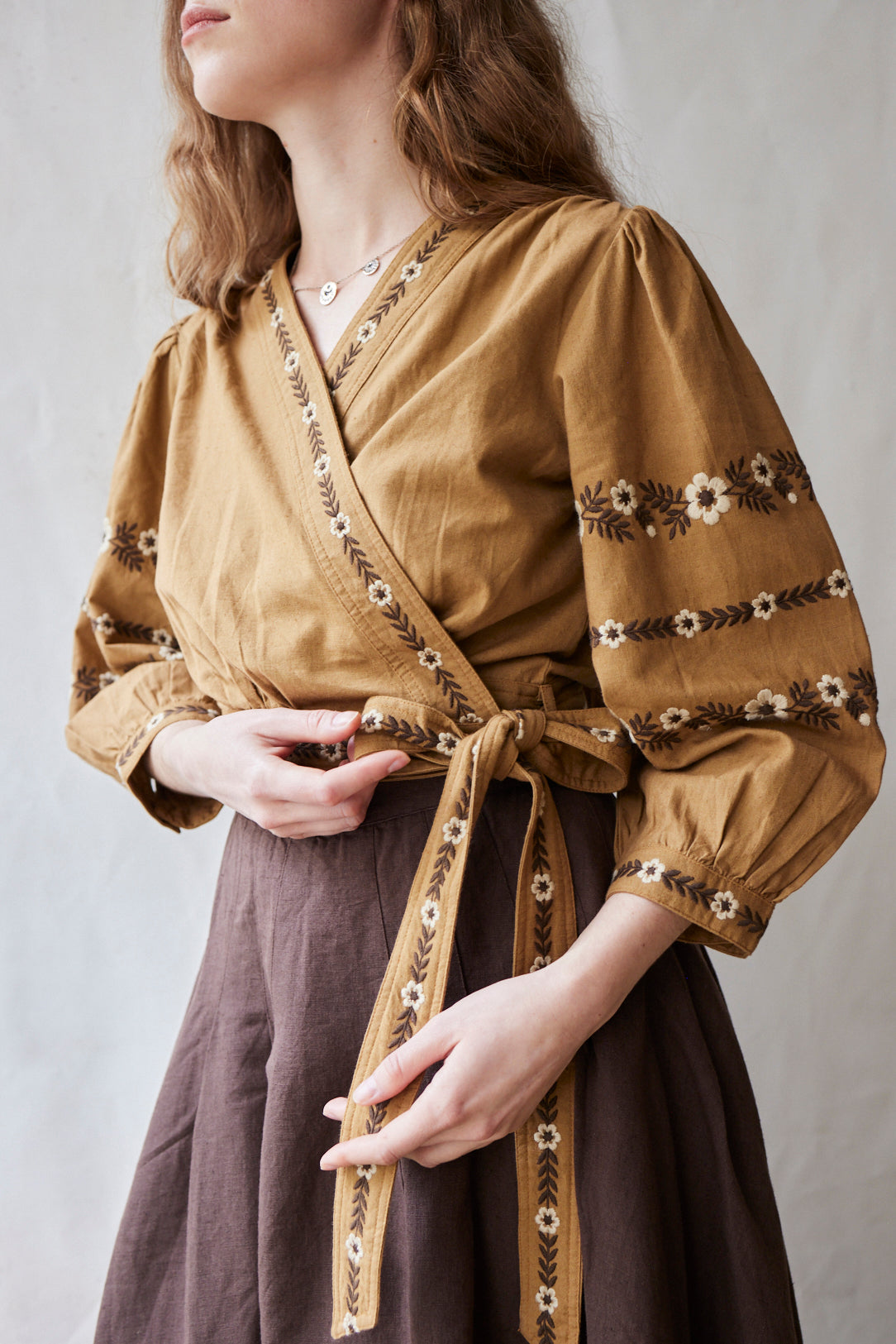 "Tabea" embroidered crossover top caramel