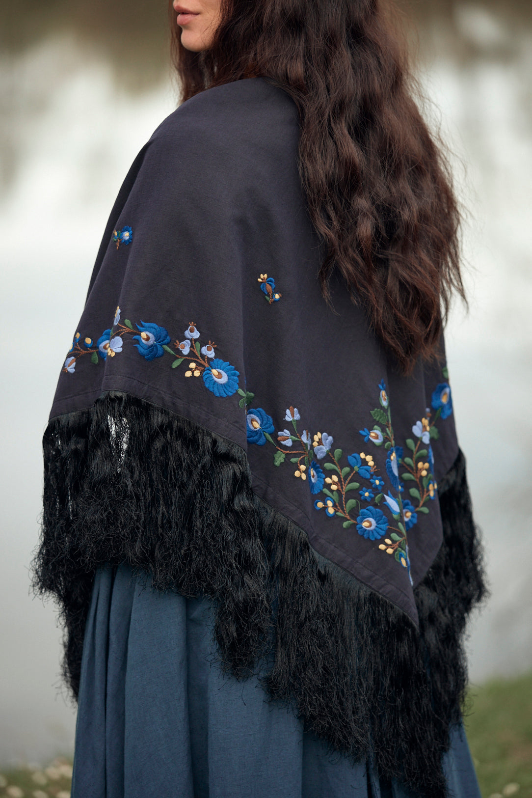 "Timea" black stole with embroidered Matyó flowers blue