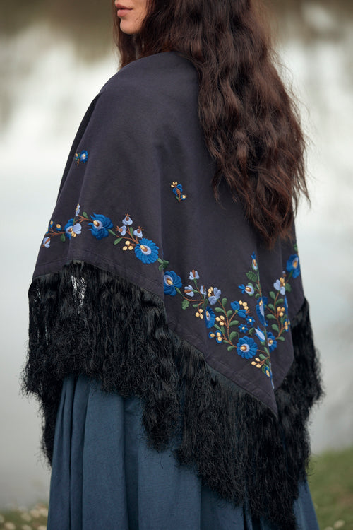 "Timea" black stole with embroidered Matyó flowers blue