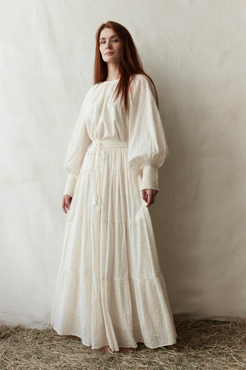 Jupe longue 'Velga' en cotton brodé crème