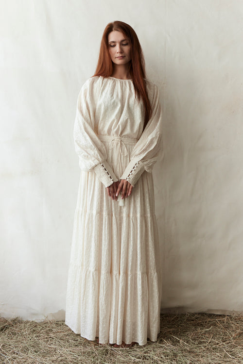 Jupe longue 'Velga' en cotton brodé crème