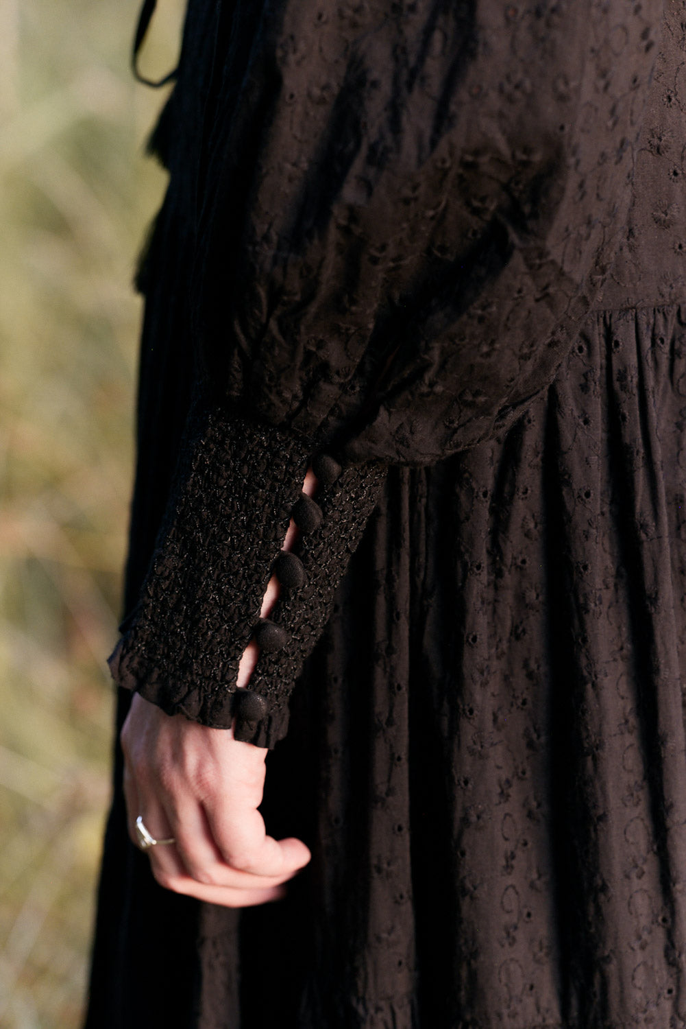 Close-up of a person wearing a dark brown dress with lace sleeves against a blurred natural background.