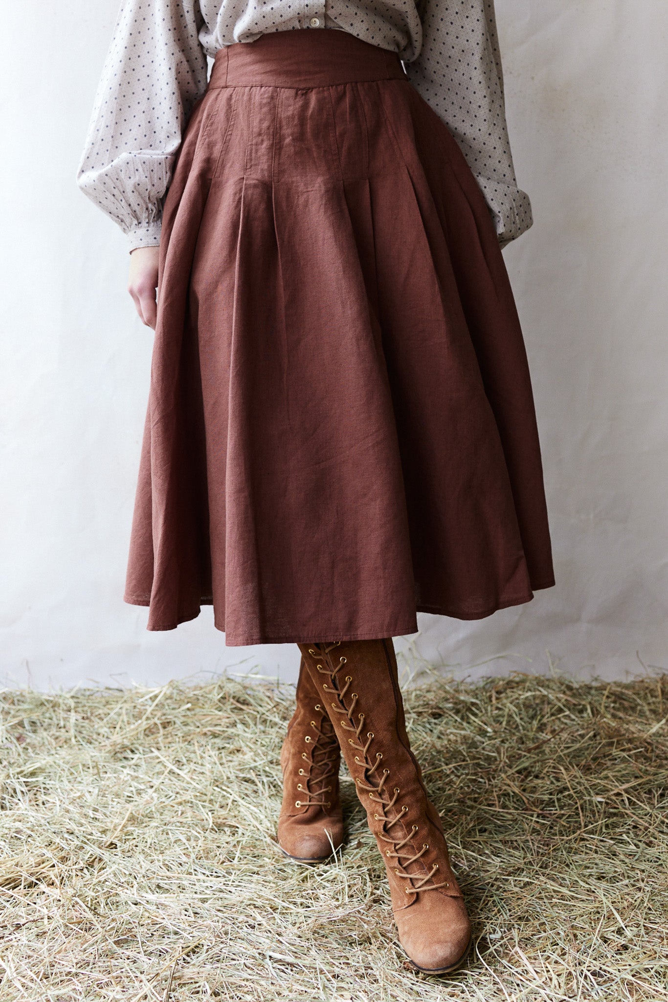 Jupe midi "Vineta" en lin couleur bois de rose