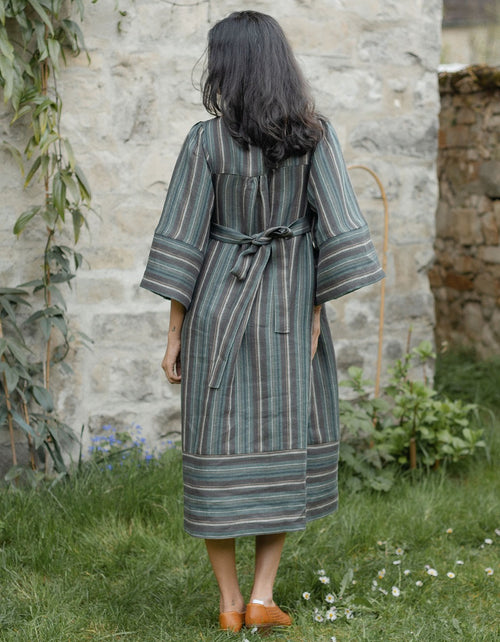 “Adelina” dress in striped linen chestnut