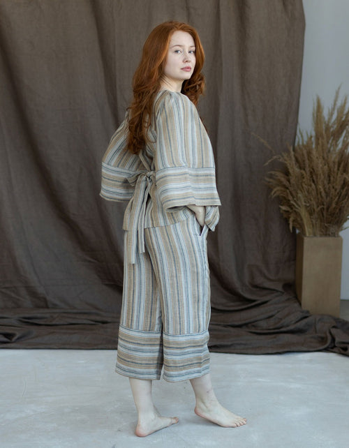 Pantalon  'Adelina' en lin rayé ambre