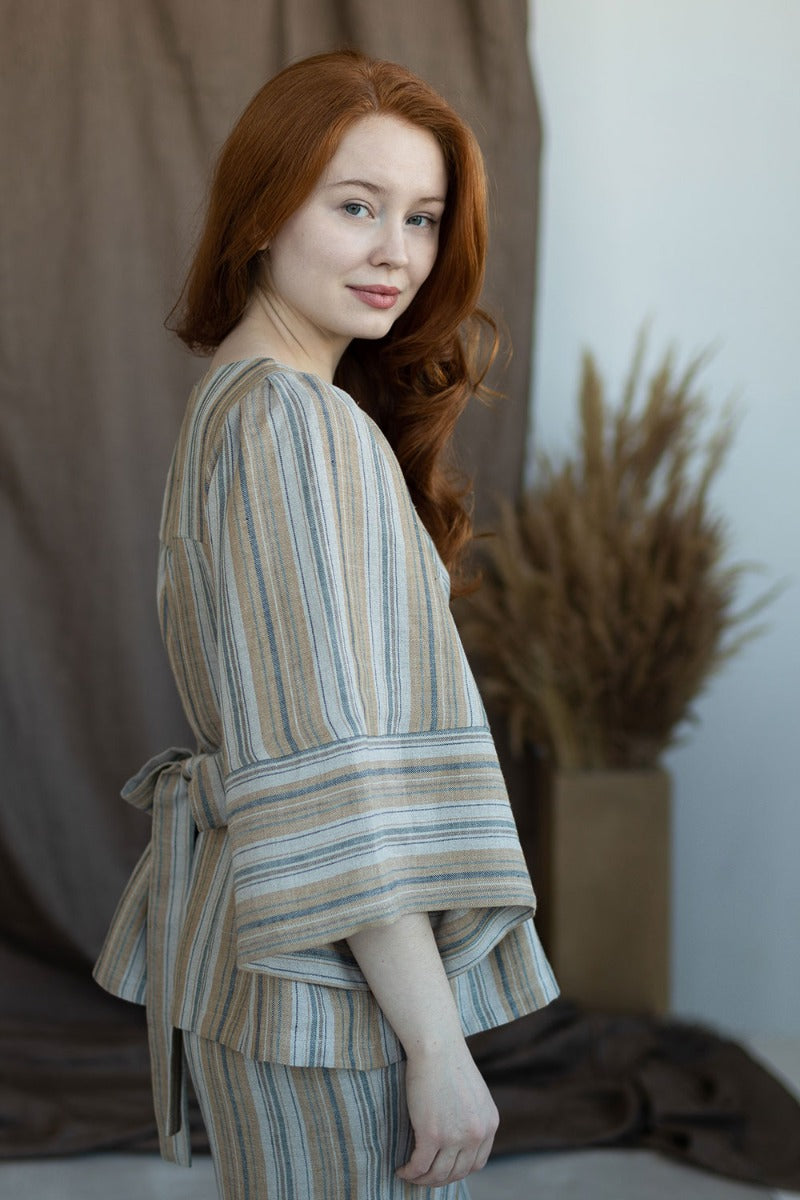 Haut  'Adelina' en lin rayé ambre