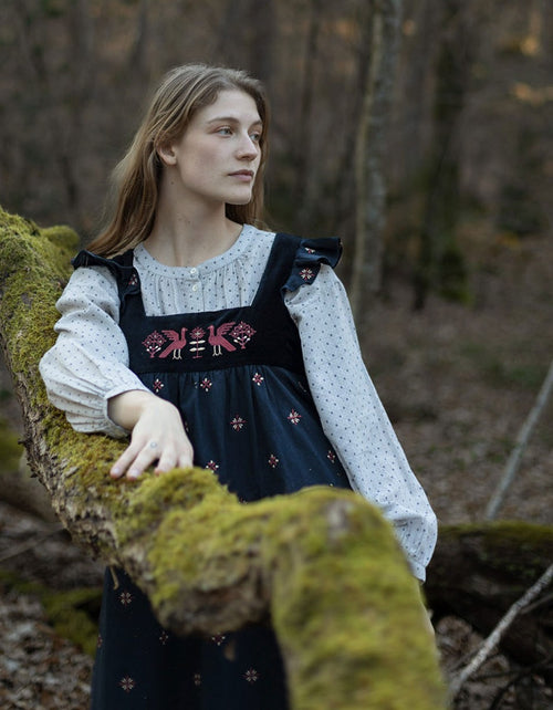 Alba Pinafore Dress with embroidered swans Black Alba Pinafore Dress with embroidered swans Black