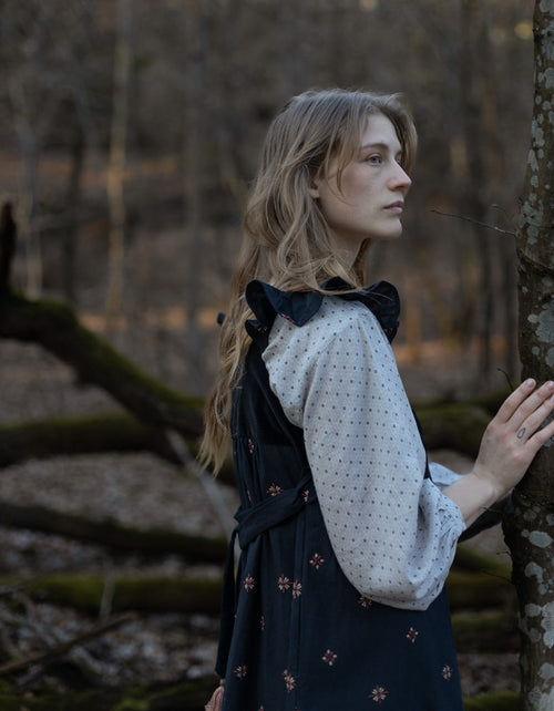 "Alba" pinafore dress with embroidered swans black
