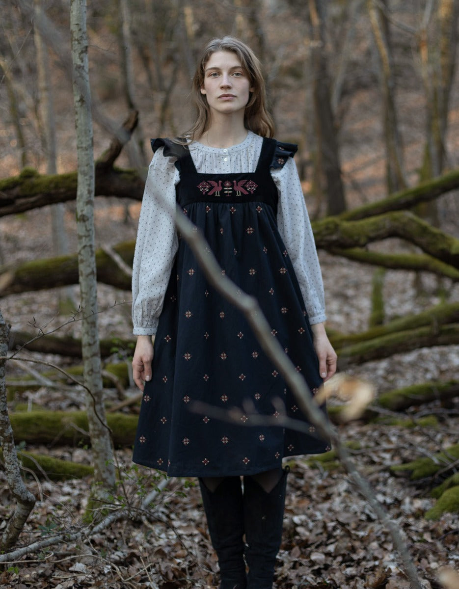 Alba Pinafore Dress with embroidered swans Black Alba Pinafore Dress with embroidered swans Black