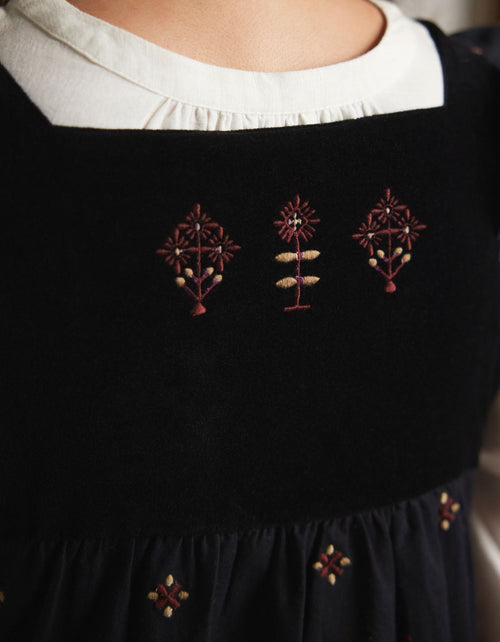 "Alba" pinafore dress with embroidered swans black
