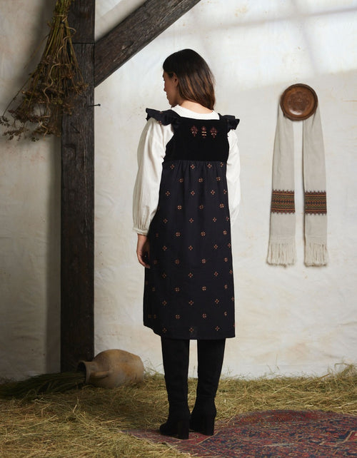 "Alba" pinafore dress with embroidered swans black