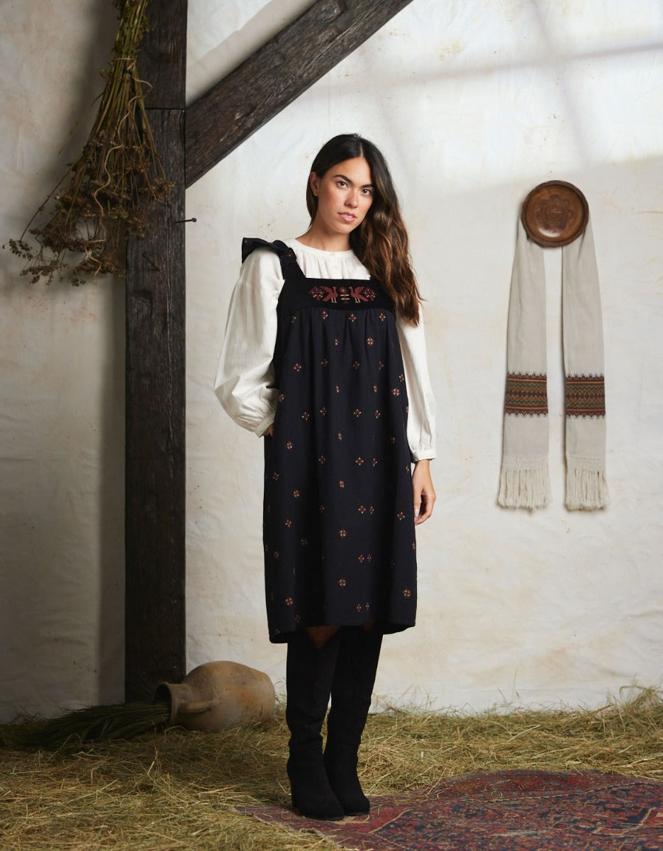 "Alba" pinafore dress with embroidered swans black