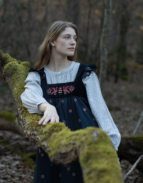 "Alba" pinafore dress with embroidered swans turquoise
