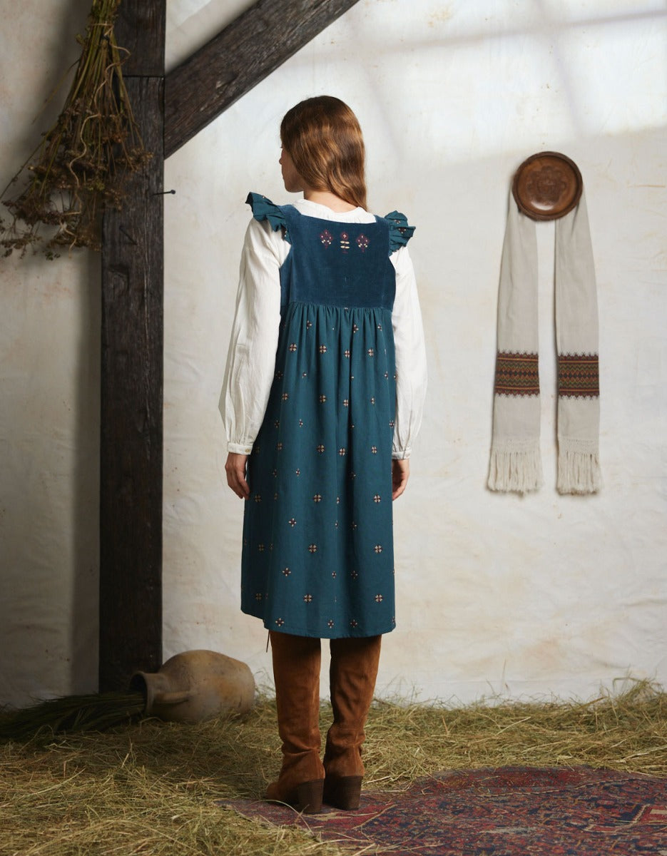"Alba" pinafore dress with embroidered swans turquoise
