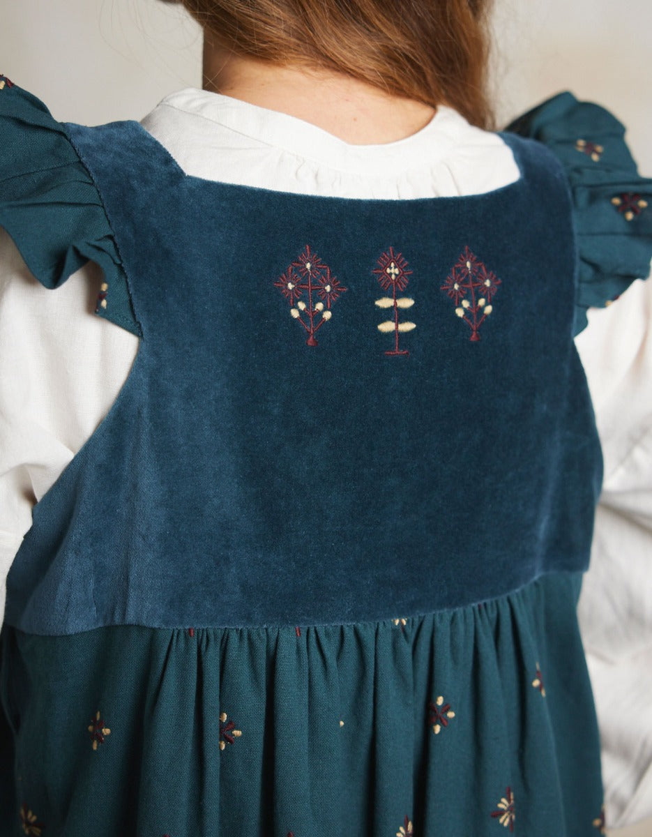 "Alba" pinafore dress with embroidered swans turquoise
