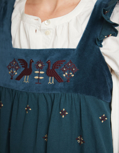 "Alba" pinafore dress with embroidered swans turquoise