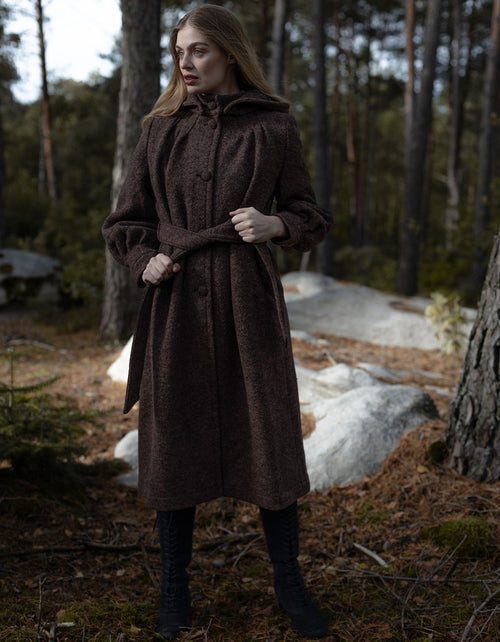 Manteau long 'Aneta' en pure laine marron