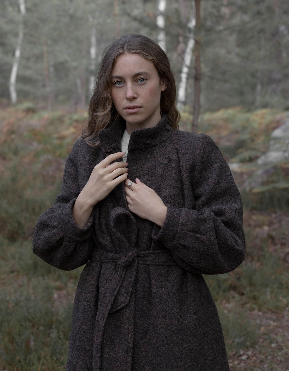 Manteau long 'Aneta' en pure laine marron