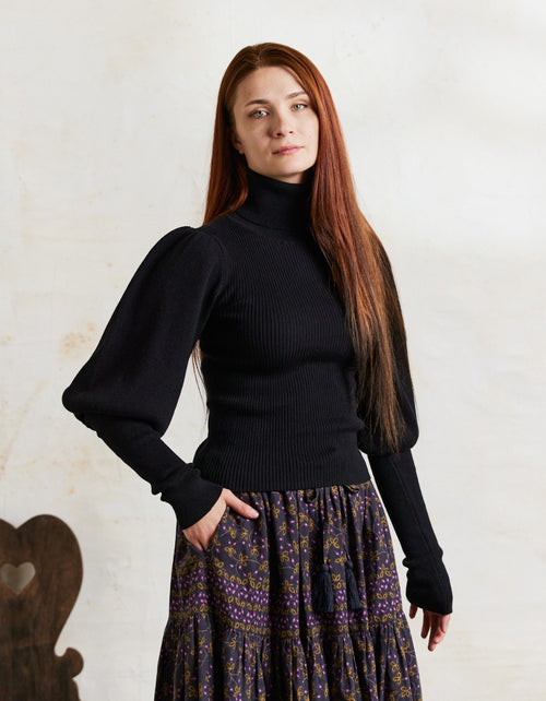 Pull col roulé 'Ariana' en coton et cachemire avec manches gigot noir