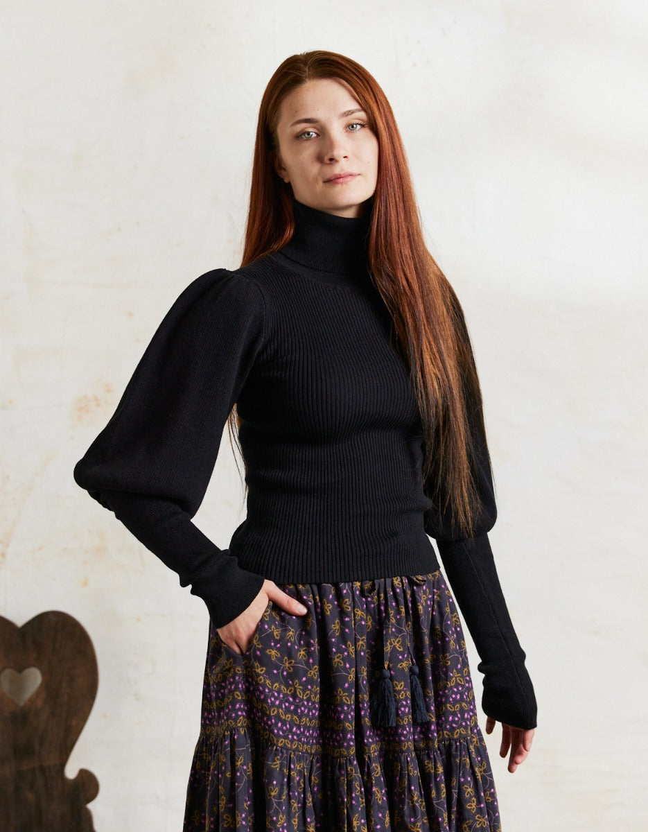 Pull col roulé 'Ariana' en coton et cachemire avec manches gigot noir