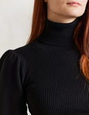 Pull col roulé 'Ariana' en coton et cachemire avec manches gigot noir