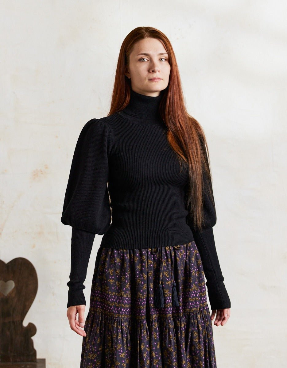 Pull col roulé 'Ariana' en coton et cachemire avec manches gigot noir