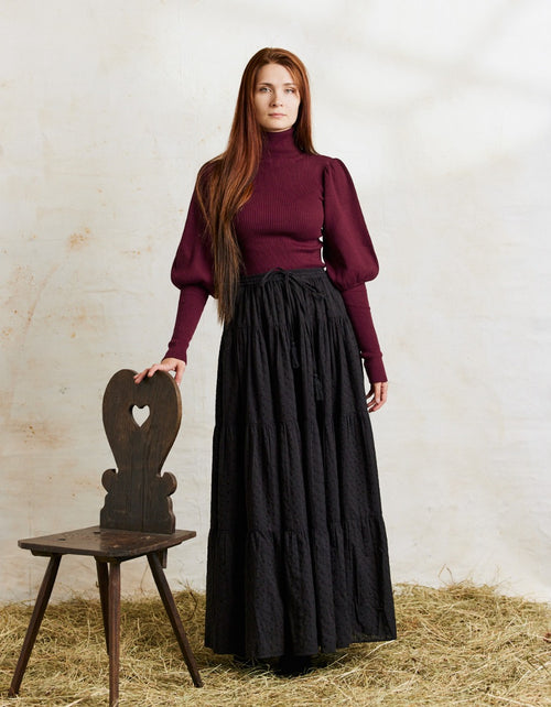 Pull col roulé 'Ariana' en coton et cachemire avec manches gigot bordeaux