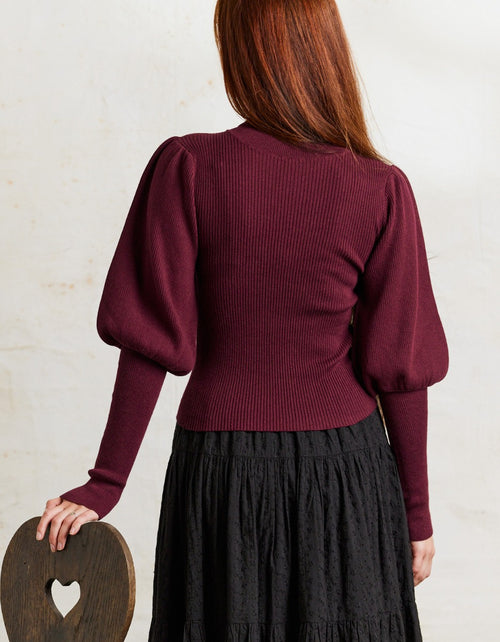 Pull col roulé 'Ariana' en coton et cachemire avec manches gigot bordeaux